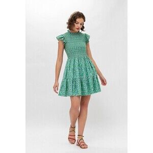 OLIPHANT Smocked Flirty Mini Dress Lisbon Green Short Sleeve Floral Cotton Small